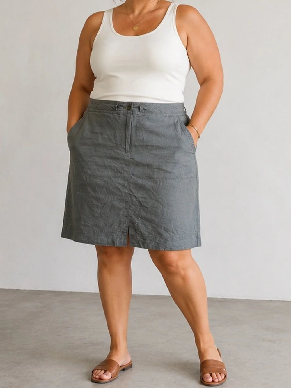 Talbots Pure Irish Linen Skirt Womens 14 Olive A-Line Knee Length Minimalist
